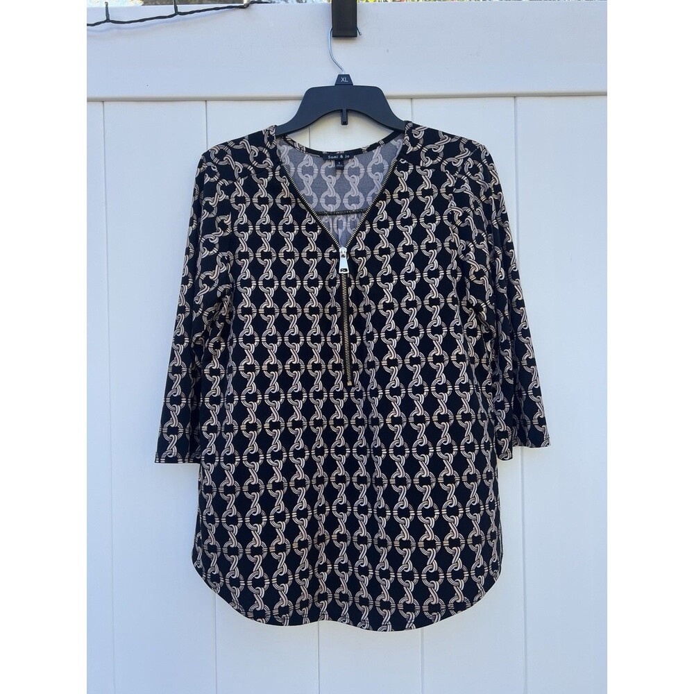 Sami & Jo Blouse Women's Large V Neck 3/4 Sleeve Top Gold Black Half Zip